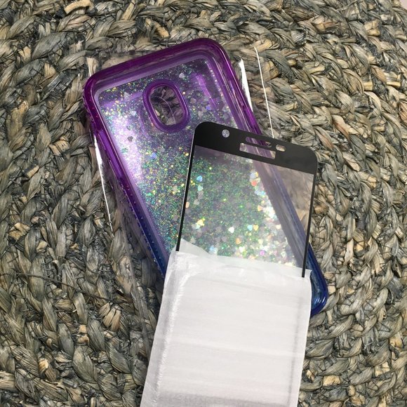 2pc Samsung Galaxy J7 2018/J7 Star/J7 Top Quicksand Glitter Case W/ Glass Screen - Picture 10 of 11